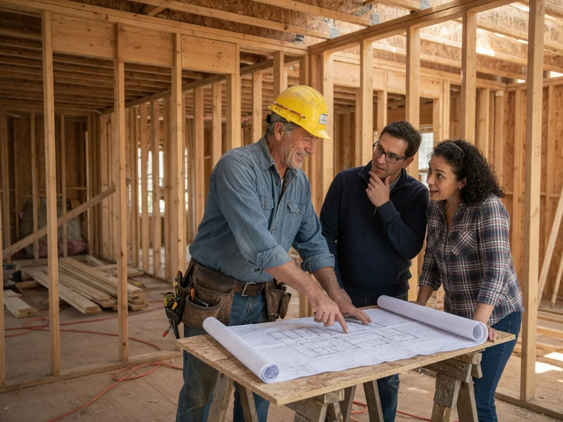 Real estate agent in hard hat explaining blueprints to a couple inside a home under construction
