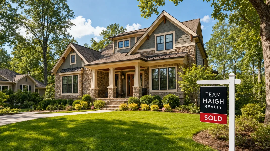 Modern craftsman-style home in a tree-lined NW Metro Atlanta neighborhood with a Team Haigh Realty SOLD sign in the front yard