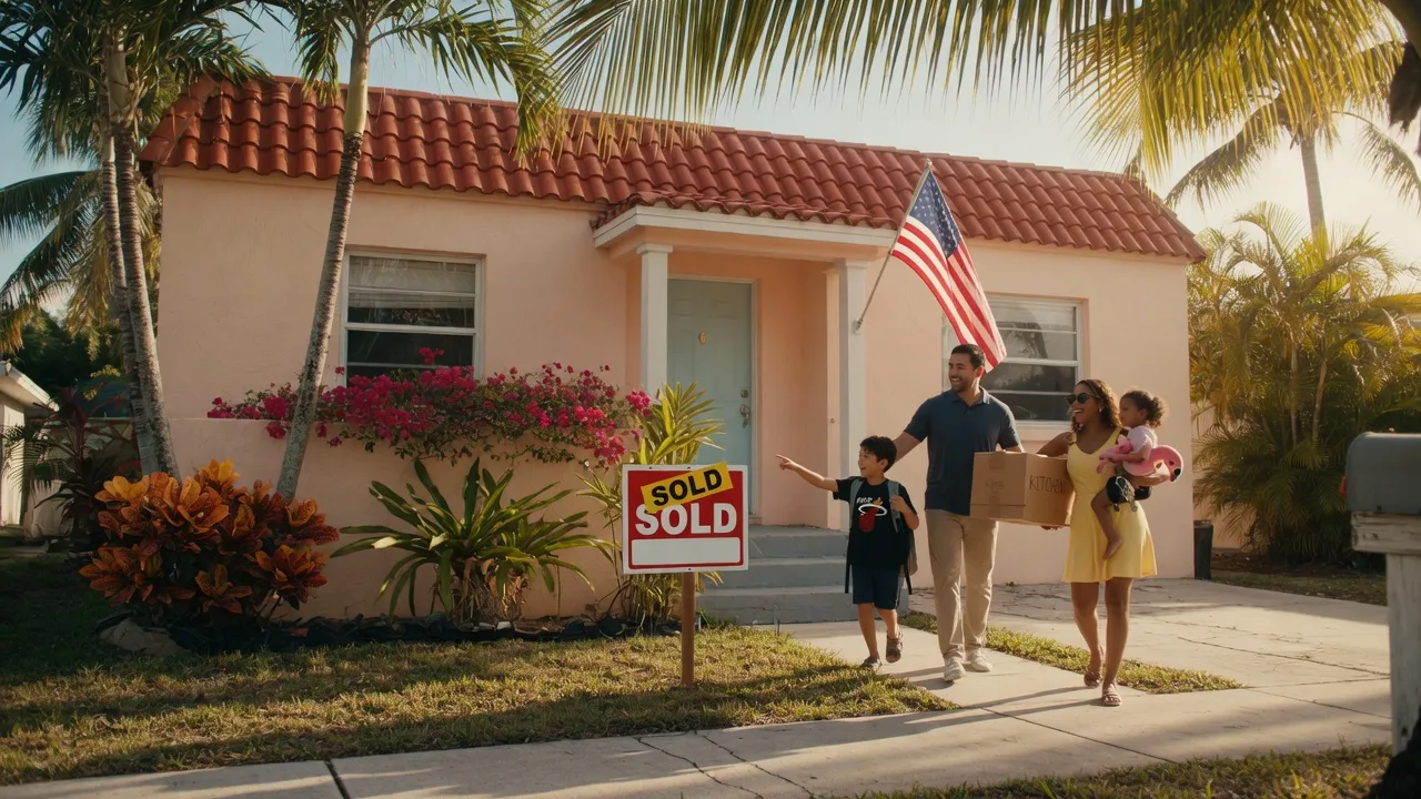 South Florida family with an American flag and Sold sign outside their new home on a sunny morning with palm trees and tropical landscaping