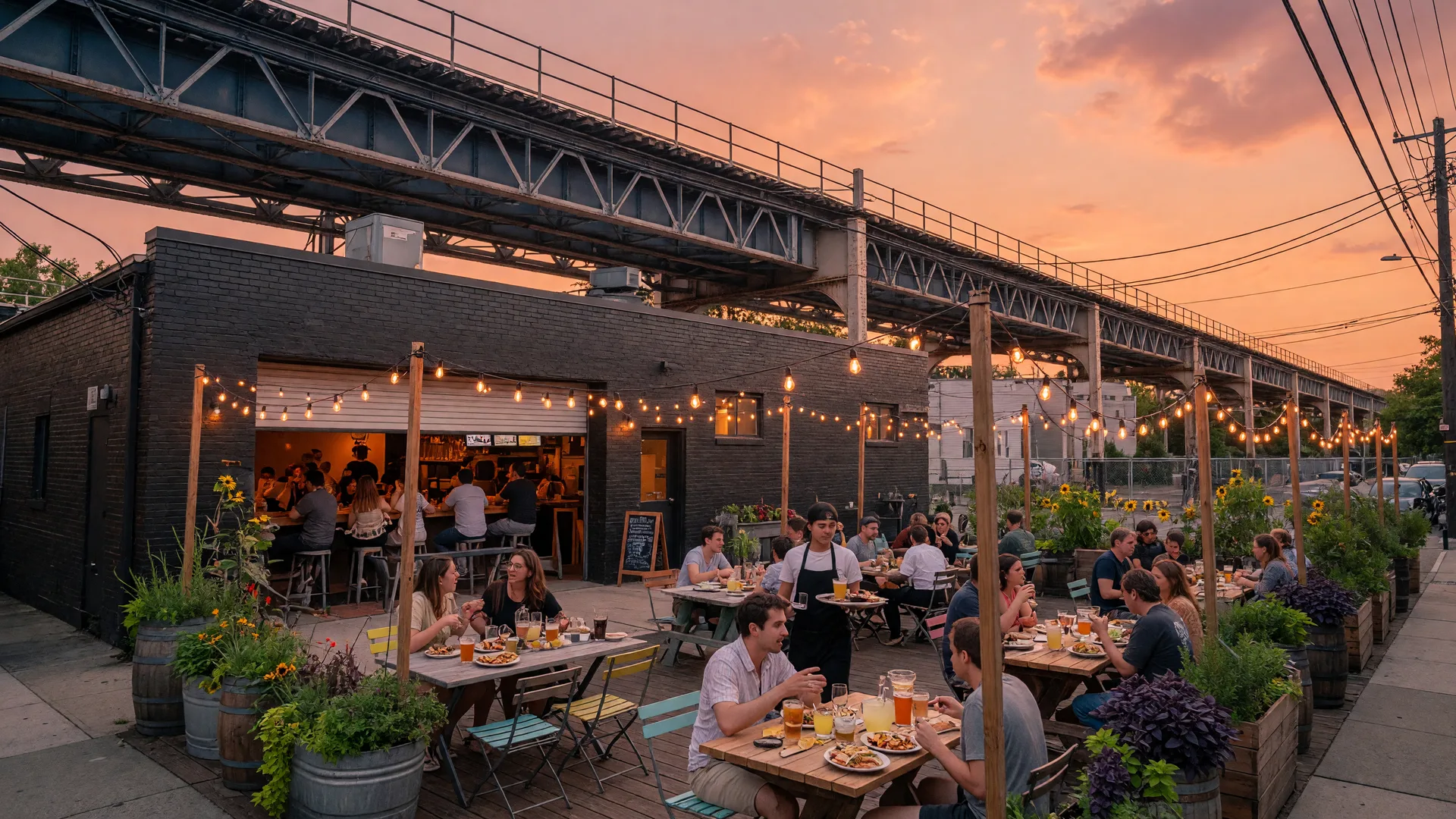 Fishtown restaurant scene along Frankford Avenue in Philadelphia with a lively beer garden, string lights, and the elevated SEPTA line at golden hour