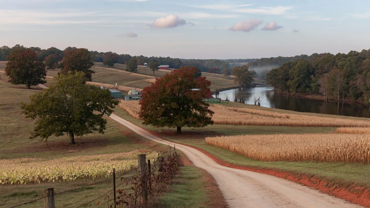 Rolling central Georgia farmland near Irwinton with a river bend on the horizon