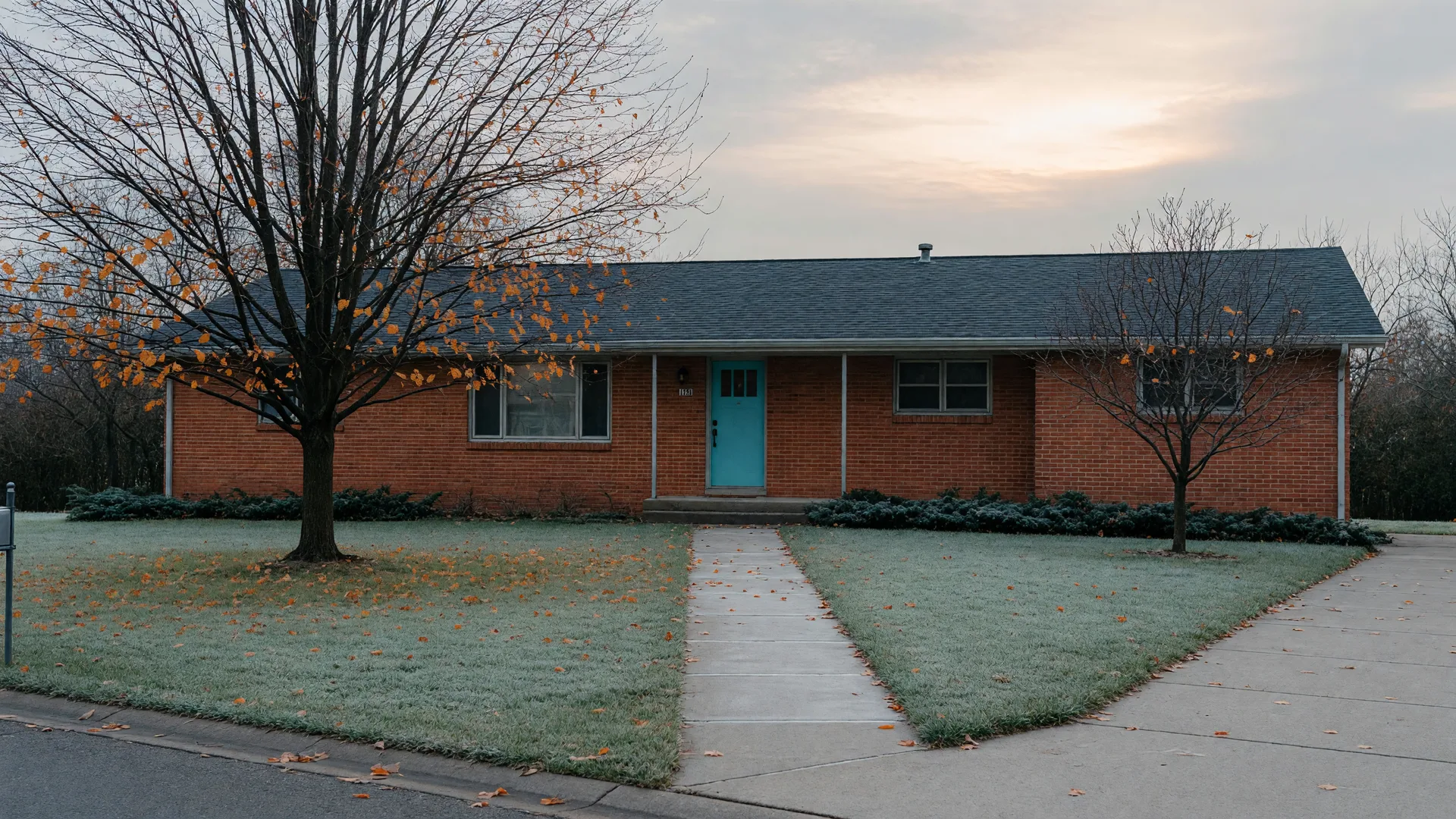 A quiet single-story brick ranch home in Northwest Indiana on a crisp late-October morning, bare maples with a few orange leaves, a frost-dusted lawn, and a cleared walkway