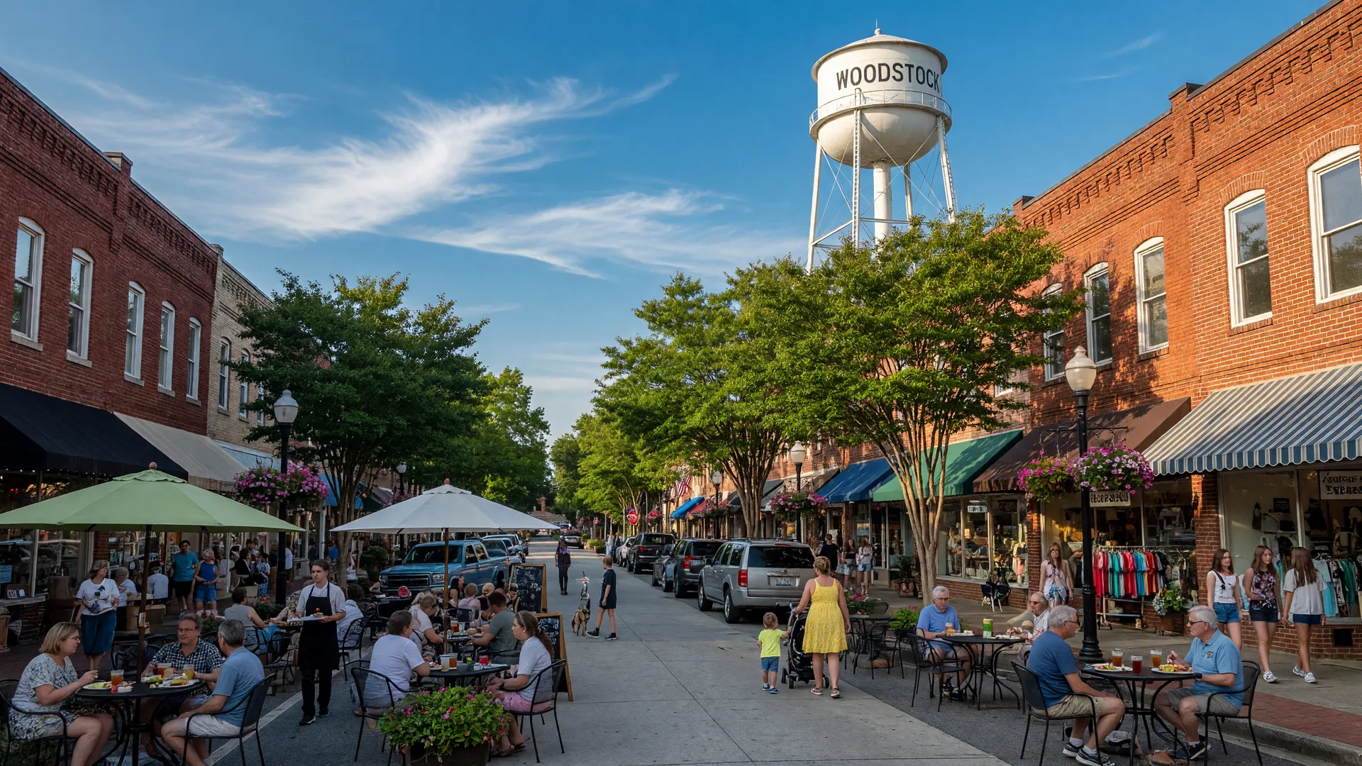 Downtown Woodstock, GA, vibrant street scene and historic water tower.
