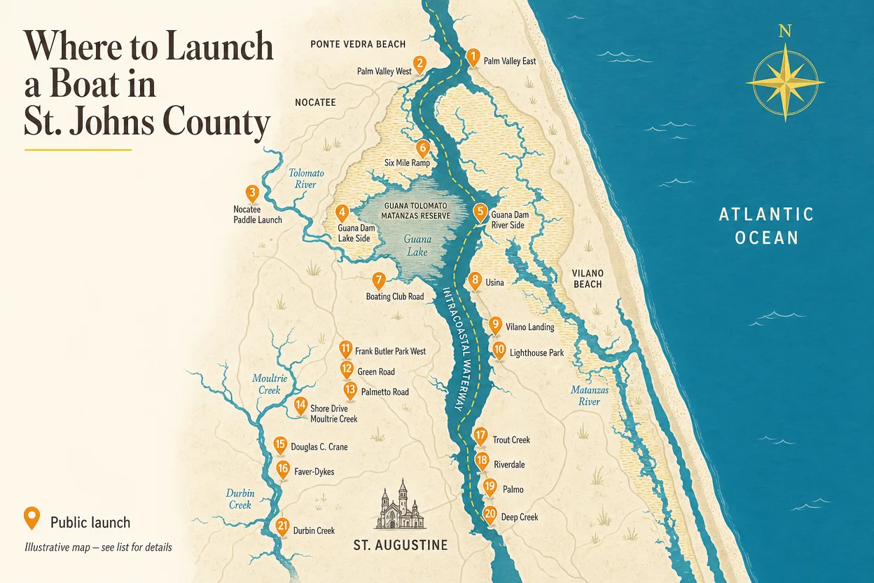 Illustrated map of St. Johns County boat ramps and kayak launches from Ponte Vedra to the St. Johns River