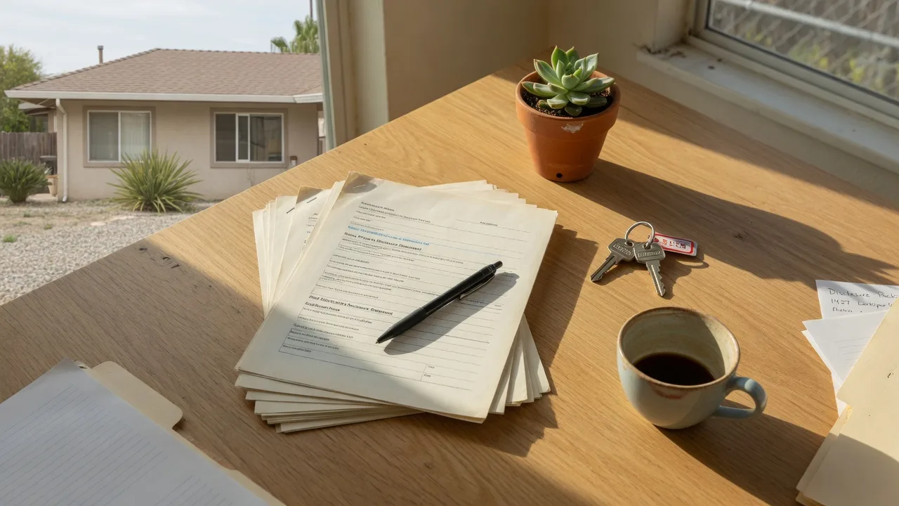 A California home seller's disclosure packet with blank real estate forms, a pen, house keys, and a coffee cup on a kitchen table in soft morning light