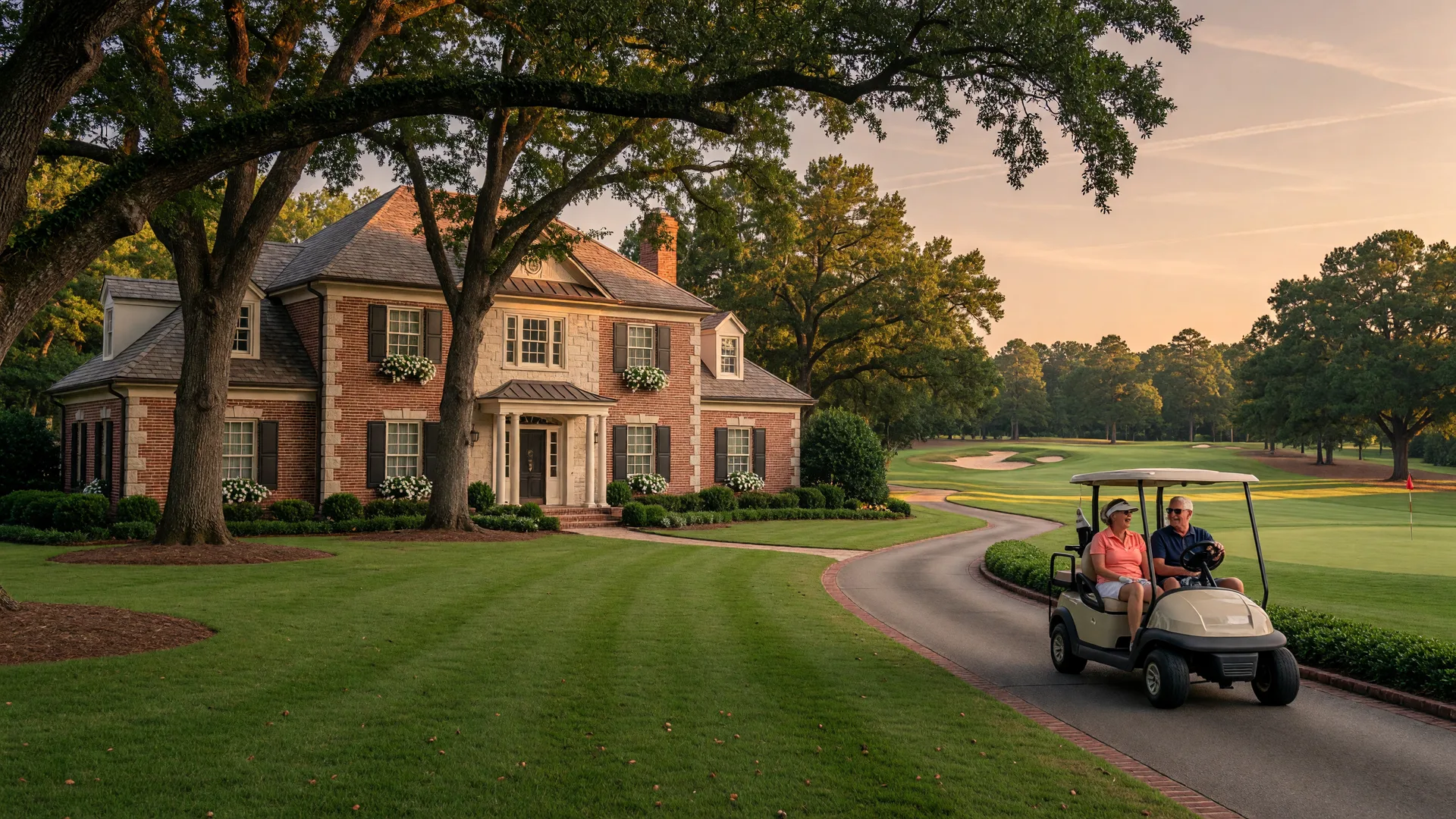 An upscale single-level brick home in a Georgia golf course community at golden hour, with a golf cart on the fairway