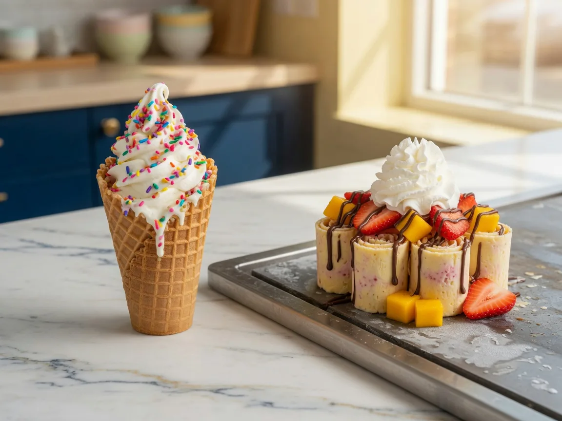A rainbow-sprinkled vanilla soft serve in a waffle cup beside a rolled Thai-style ice cream with fresh fruit and chocolate drizzle on a chilled steel board