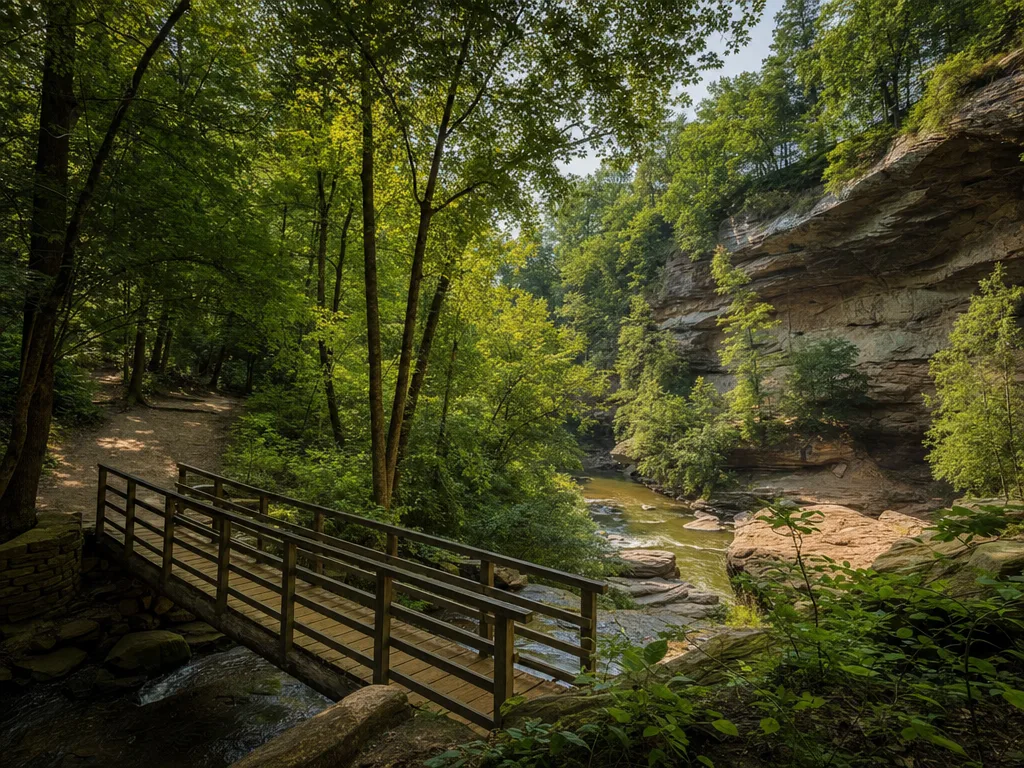 Scenic view of Mohican State Park's Clear Fork Gorge with sandstone cliffs, a wooded footbridge, and dappled sunlight filtering through the forest canopy