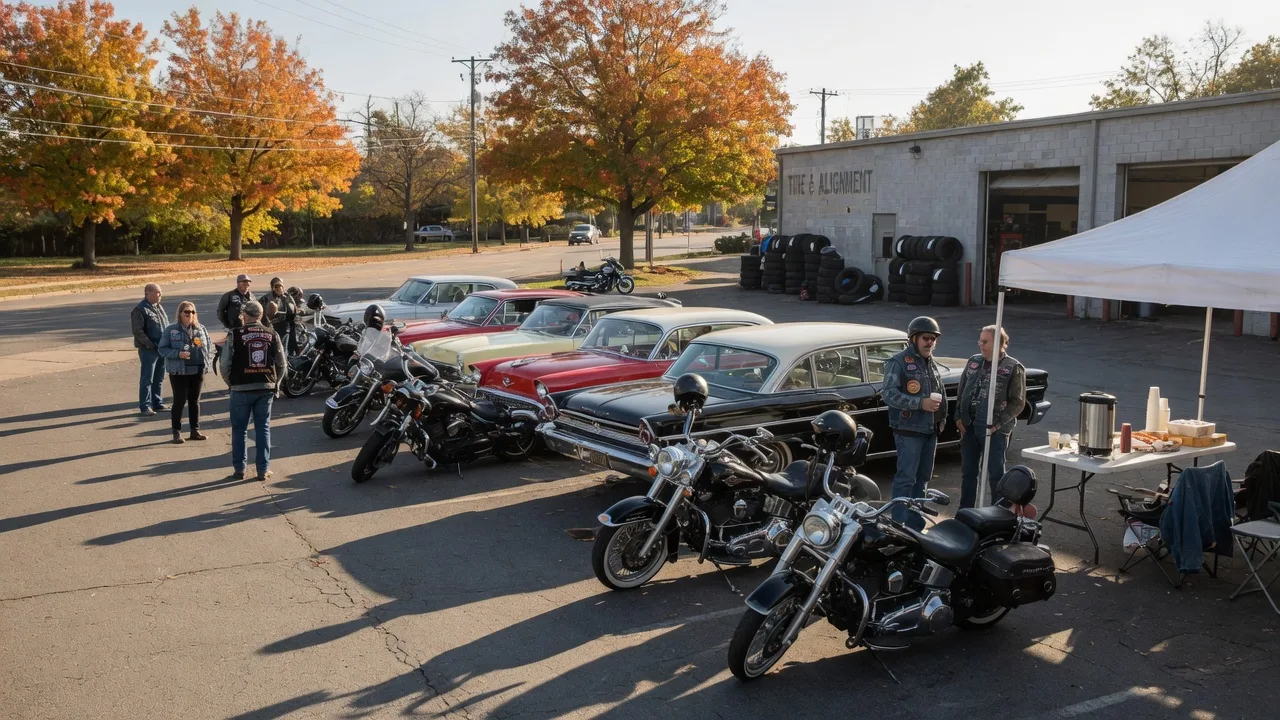 A charity motorcycle and classic car poker run gathering in a tire shop parking lot on a sunny October morning, motorcycles and vintage cars lined up with riders in helmets and denim, a banner tent and autumn trees