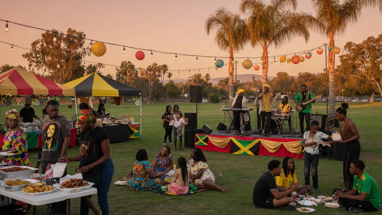 Jamaican cultural celebration at Canyon Country Community Center with live reggae music and families enjoying a summer evening