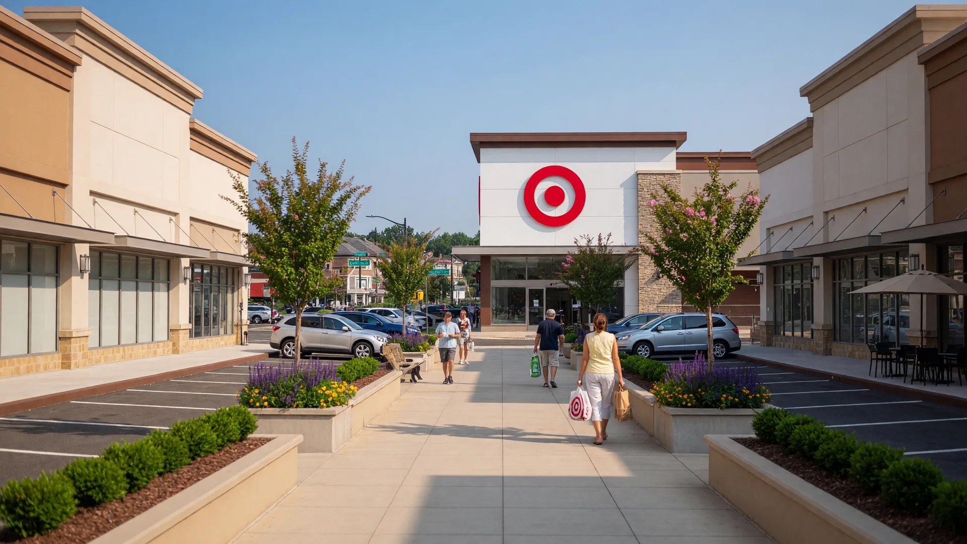 West Orange Plaza retail corridor with the newly opened Target store, landscaped walkways, and shoppers on a bright summer morning
