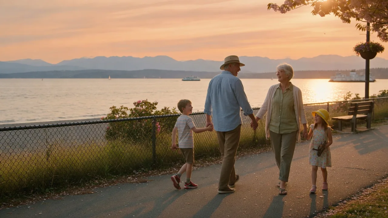 Multigenerational family enjoying time together on a sunny Victoria beach at golden hour