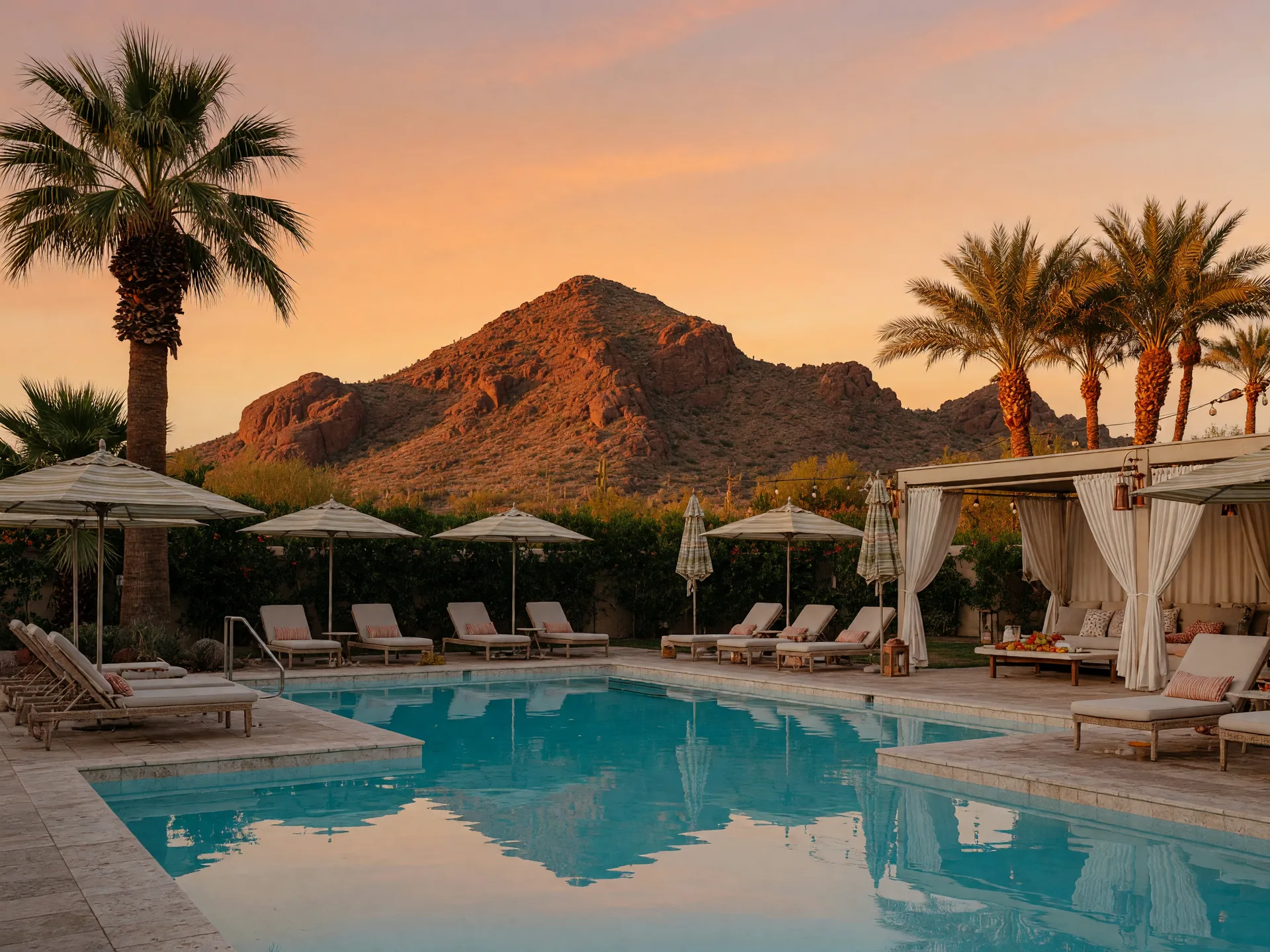 Luxury Scottsdale resort pool with cabanas and Camelback Mountain at sunset