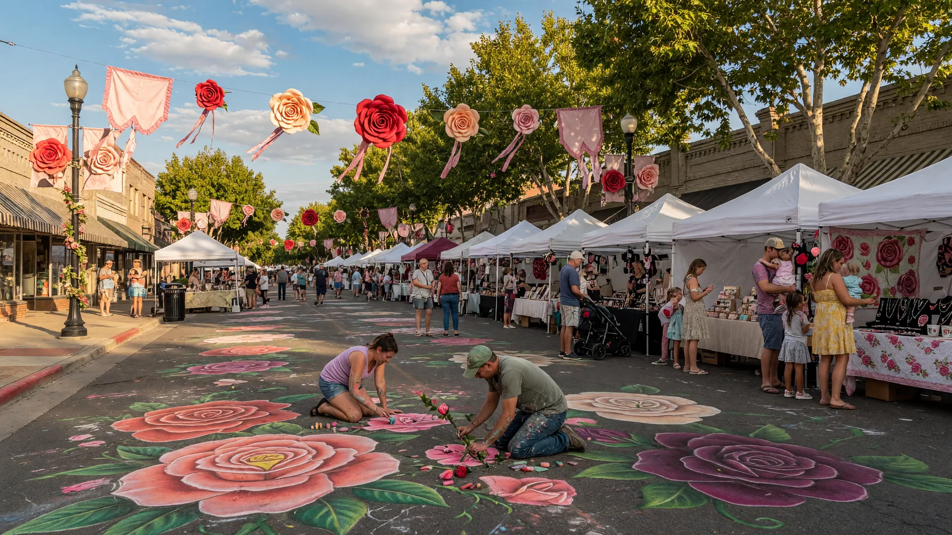 Broken Arrow Rose Festival in the Rose District with chalk artists creating colorful street murals and families browsing artisan vendor booths