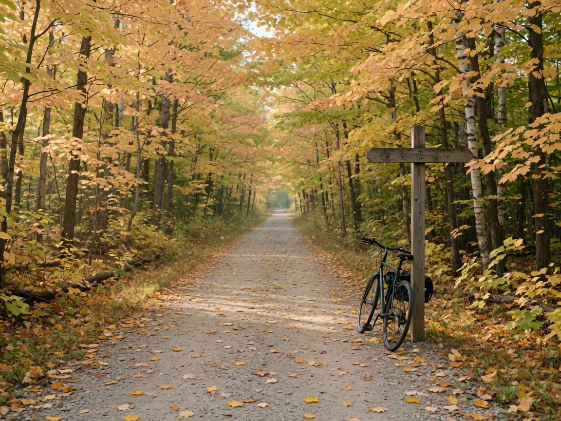 A gravel rail-trail running straight through a northern Wisconsin hardwood forest in early autumn