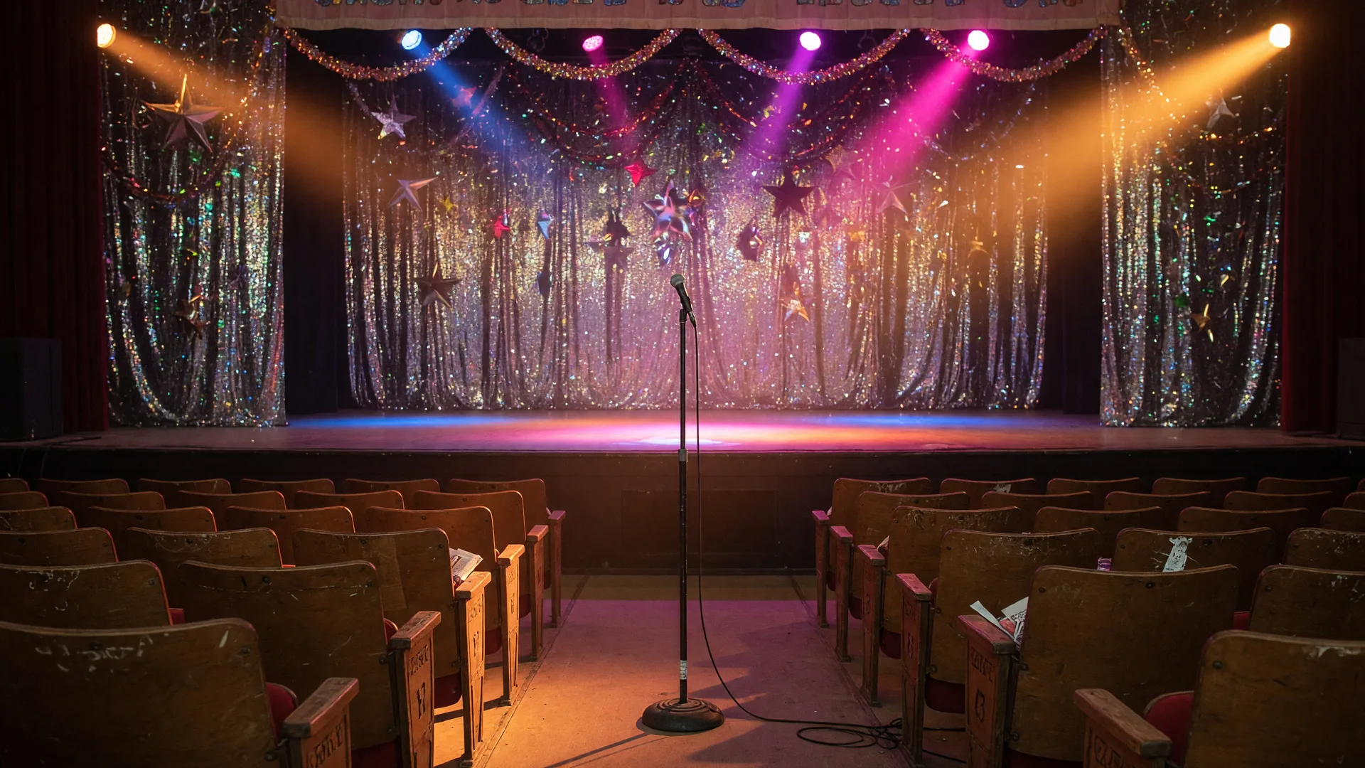 A small-town Texas high school auditorium stage set for an evening pageant with colorful stage lights and a decorated backdrop