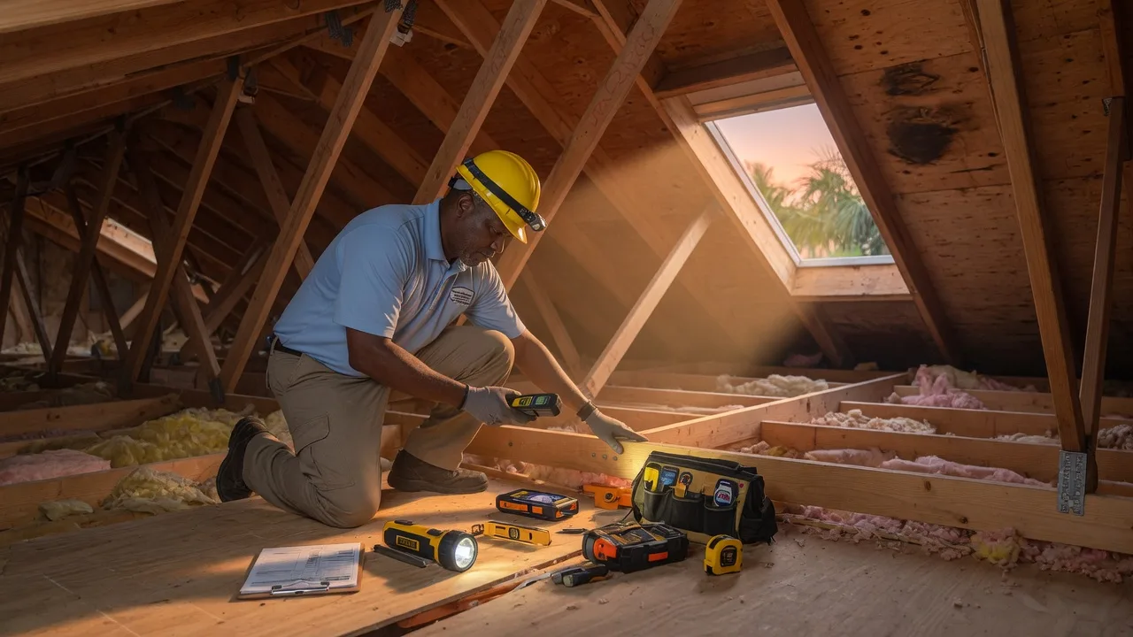A professional home inspector examining an attic space in a Florida home with wooden roof trusses and natural light streaming in