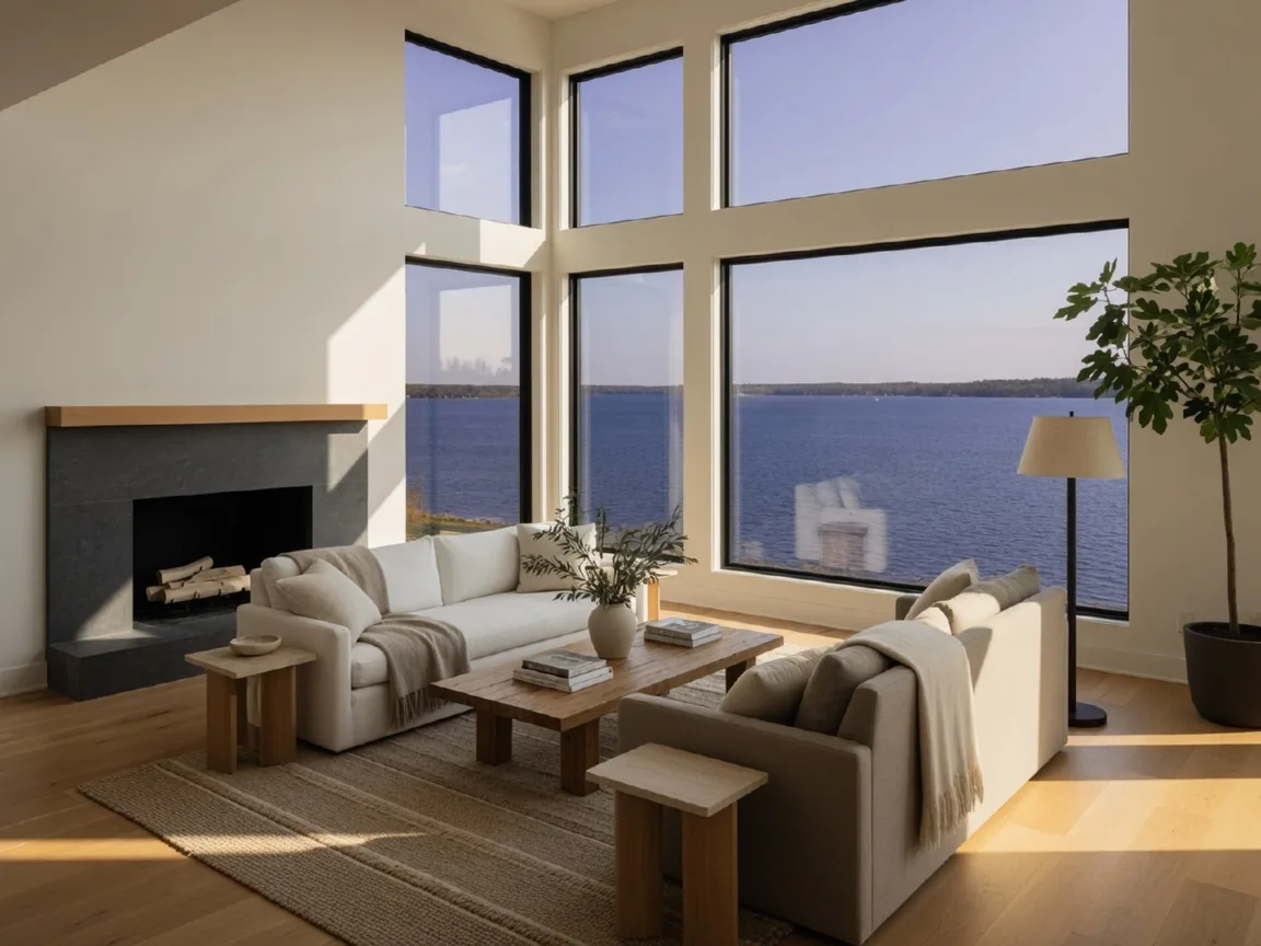 Light-filled lake home interior with floor-to-ceiling windows overlooking a Minnesota lake