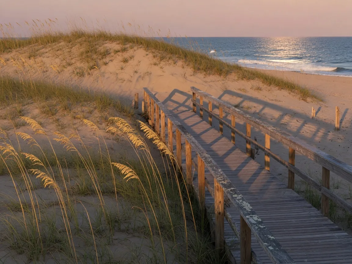 Jensen Beach on Hutchinson Island at late afternoon, sea oats and a boardwalk crossing the dunes