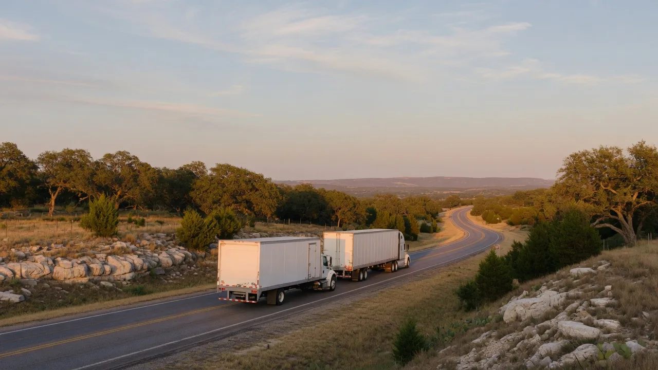 A white moving van driving through the Texas Hill Country on a rural highway at sunset, representing the California-to-Texas move ahead
