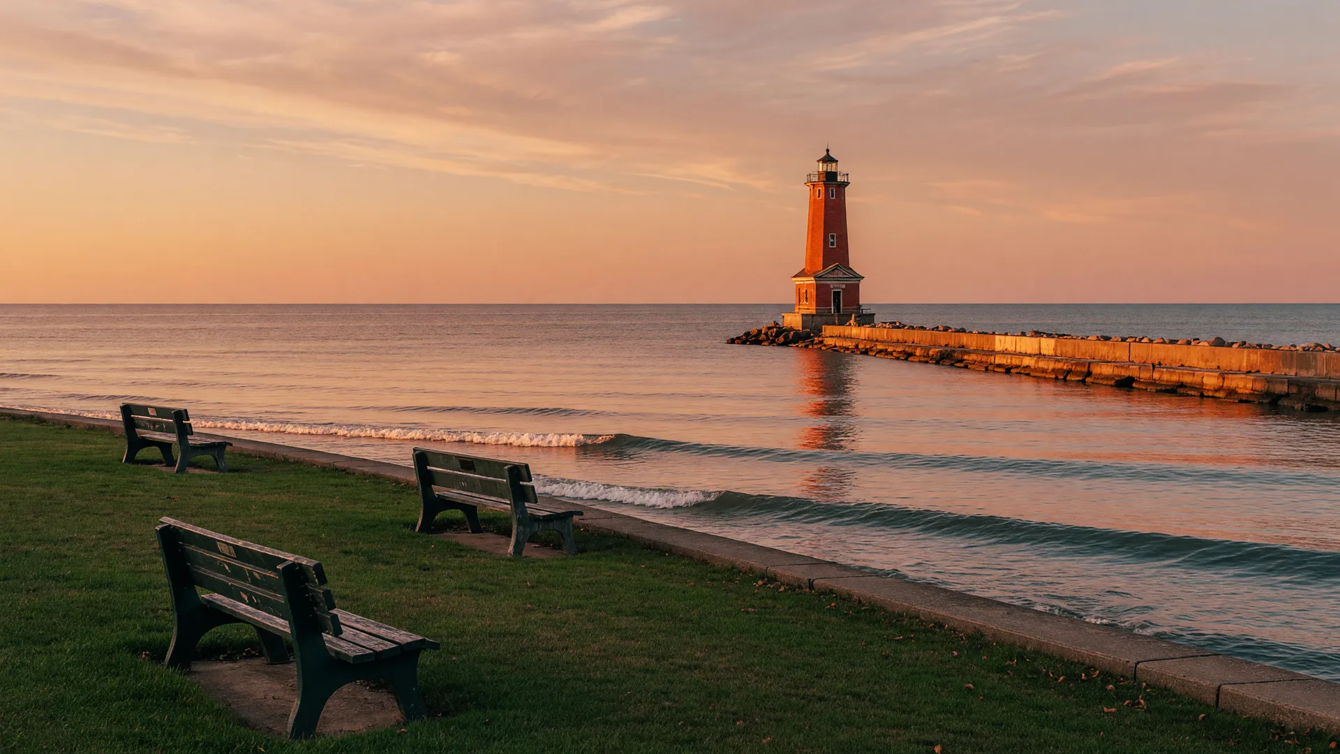 Lorain lighthouse on Lake Erie at golden hour