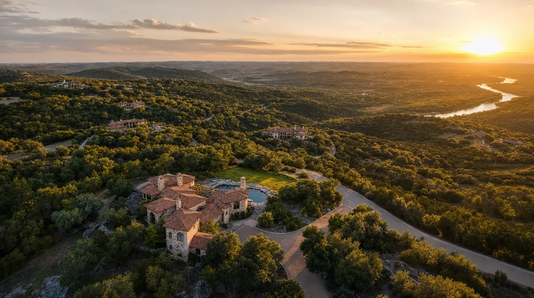 Aerial view of Texas Hill Country at golden hour with rolling hills, luxury estate homes scattered among live oaks, and the Guadalupe River corridor in the distance. Illustrative image; not a photograph of a specific community.