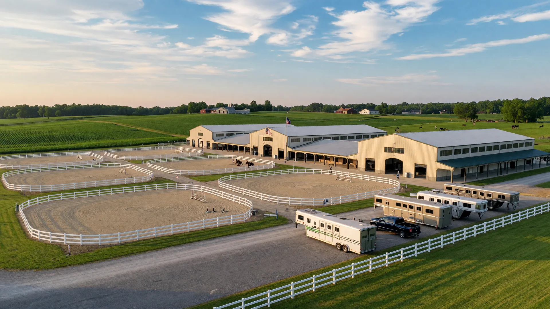 The World Equestrian Center in Wilmington, Ohio featuring modern equestrian arenas, white fencing, and rolling Ohio farmland on a sunny summer morning