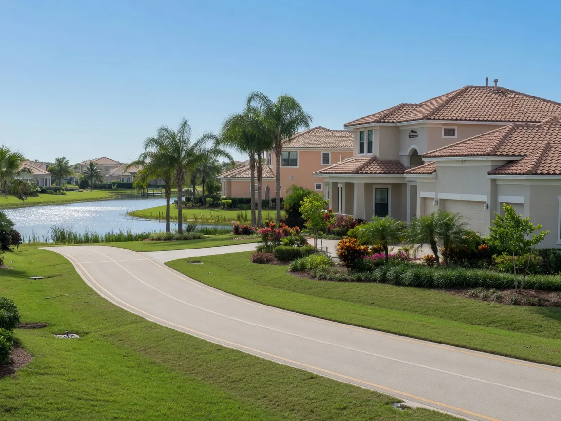 A new single-family home in Lakewood Ranch beside a paved walking and cycling trail, with a neighborhood lake in the background