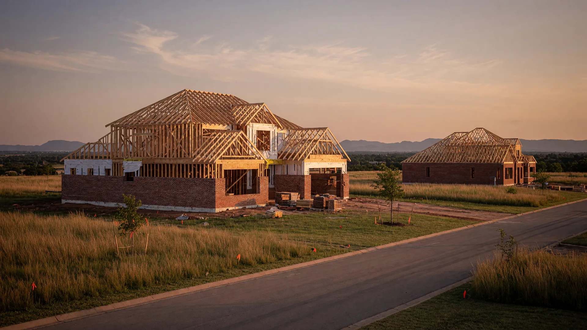A new single-family home under construction on a large grassy homesite in Elgin, Oklahoma at golden hour, with timber framing and fresh brick