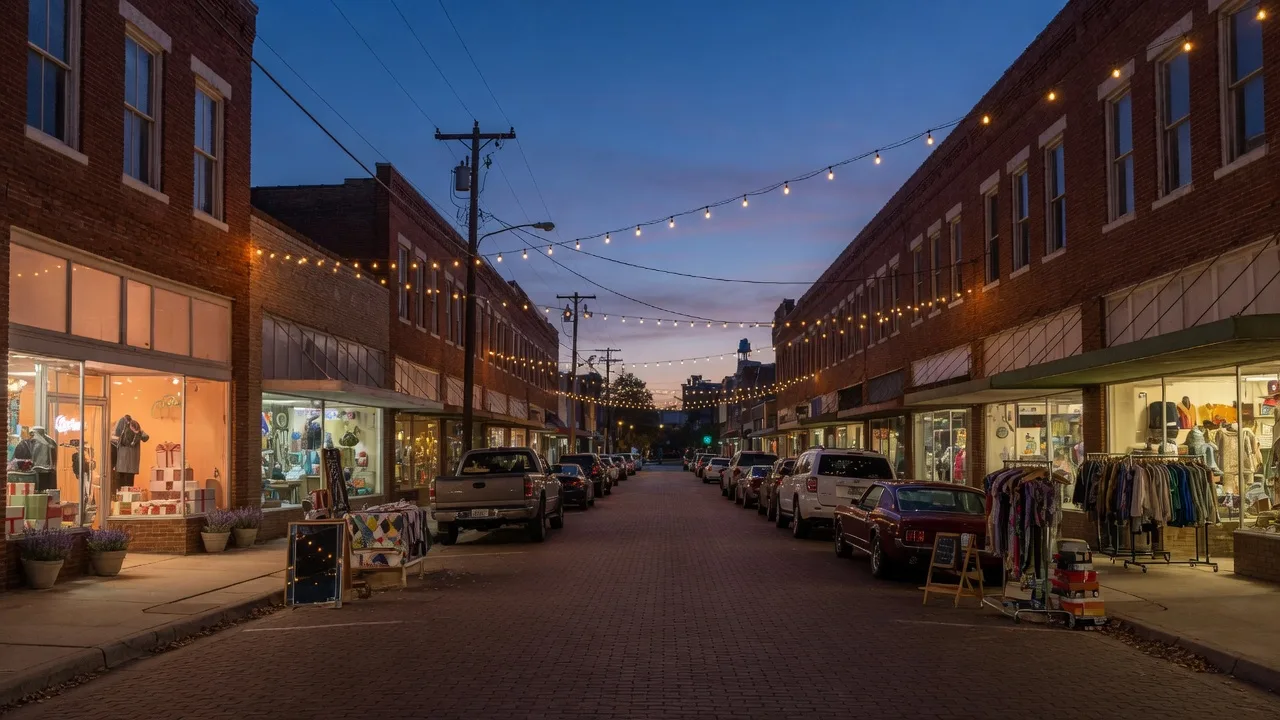 An evening downtown street in a small Texas town with glowing boutique storefronts, string lights overhead, and sidewalk clothing racks under a deep blue twilight sky