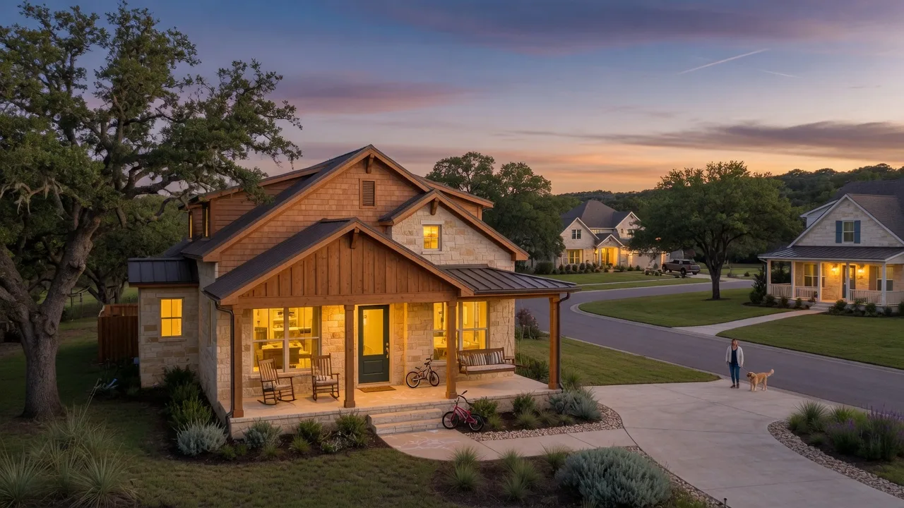 A modern Hill Country farmhouse at dusk, warmly lit in a Hill Country neighborhood where homes sit on half-acre to one-acre lots