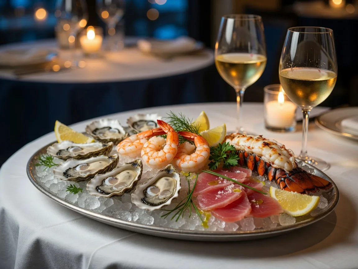 Elegant seafood platter for two with oysters on the half shell, tiger shrimp, a half lobster tail, and tuna crudo on crushed ice, garnished with lemon and herbs, with white wine glasses nearby in warm candlelight