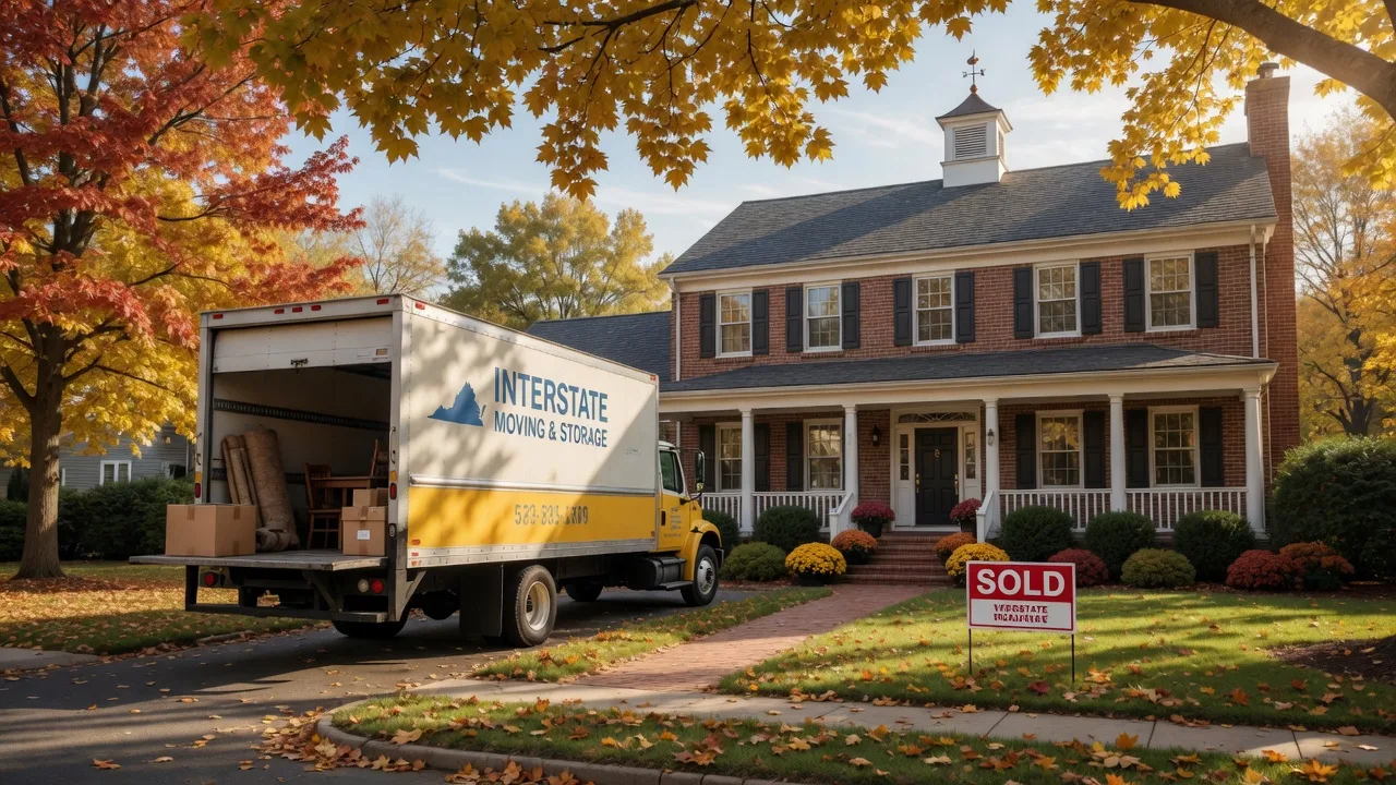 Moving truck parked in front of a suburban home with Sold sign representing short sale for job relocation in Fredericksburg VA