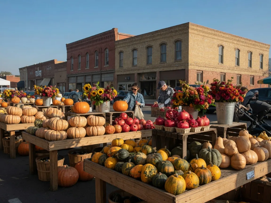 A Central Valley farmers market on a Saturday morning in October, wooden stands piled with pumpkins, winter squash, pomegranates, and cut flowers, shoppers browsing under a clear blue sky with historic brick storefronts behind