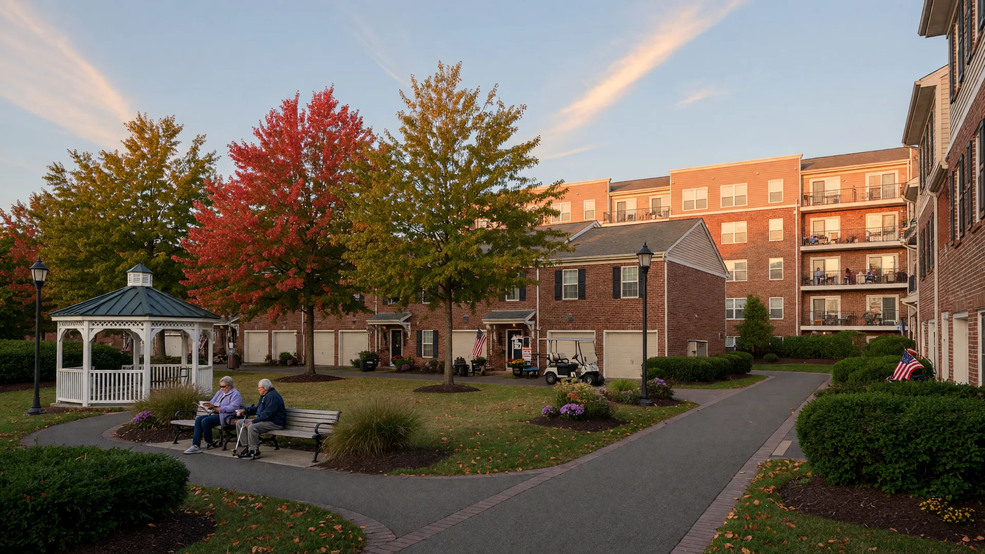 An active adult 55+ community in the Washington DC metro region with landscaped grounds and maintenance-free homes