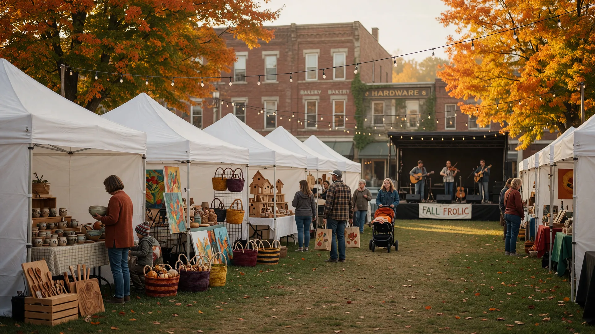 A small-town fall arts and crafts festival in a downtown park with white canopy craft booths, a distant music stage, golden October light, and old brick buildings behind autumn trees