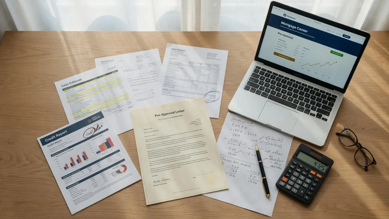 Mortgage pre-approval documents and financial paperwork on a desk with a laptop and calculator