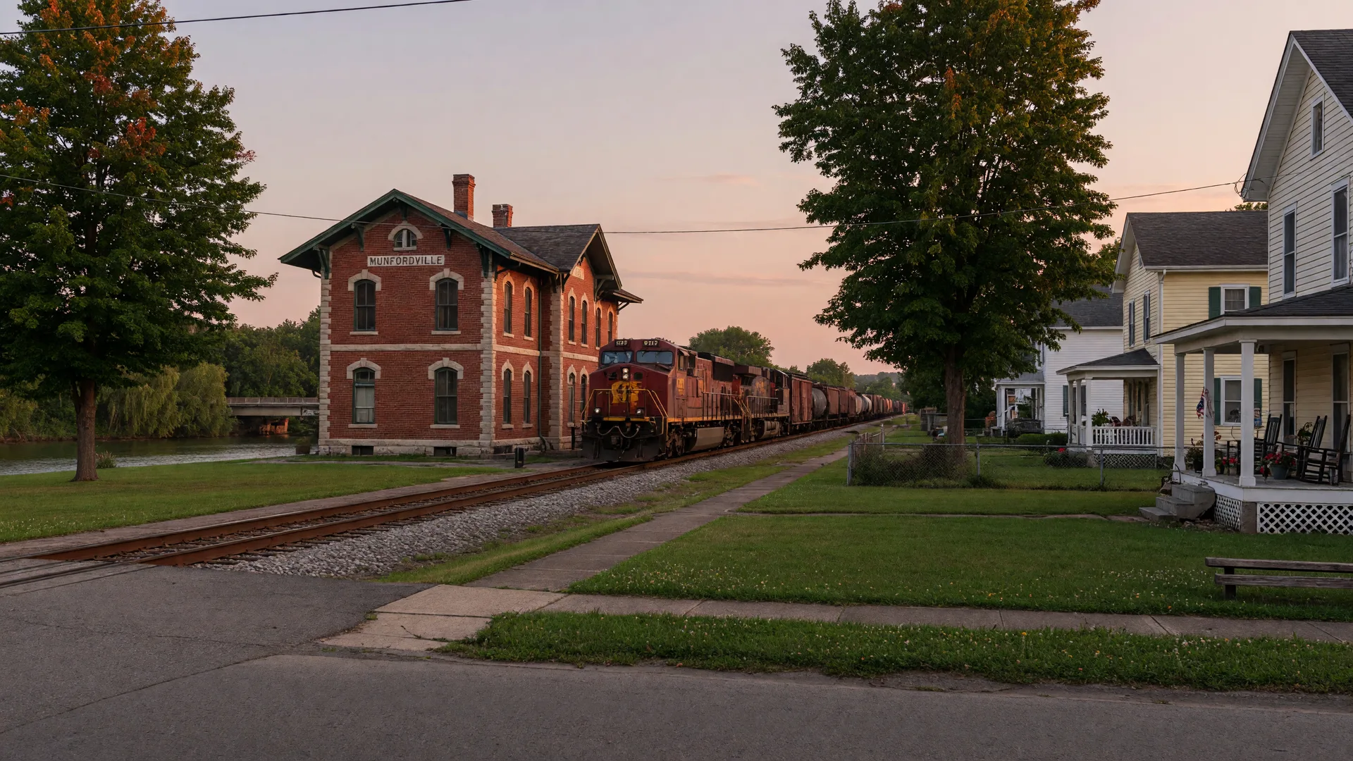 A restored brick rail depot and quiet small-town street in Hart County, Kentucky at evening