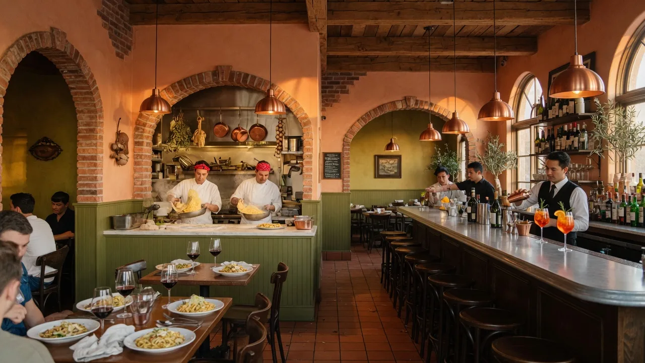 Warm Italian restaurant interior with brick arches, copper lighting, and an open kitchen in Riverton, Utah