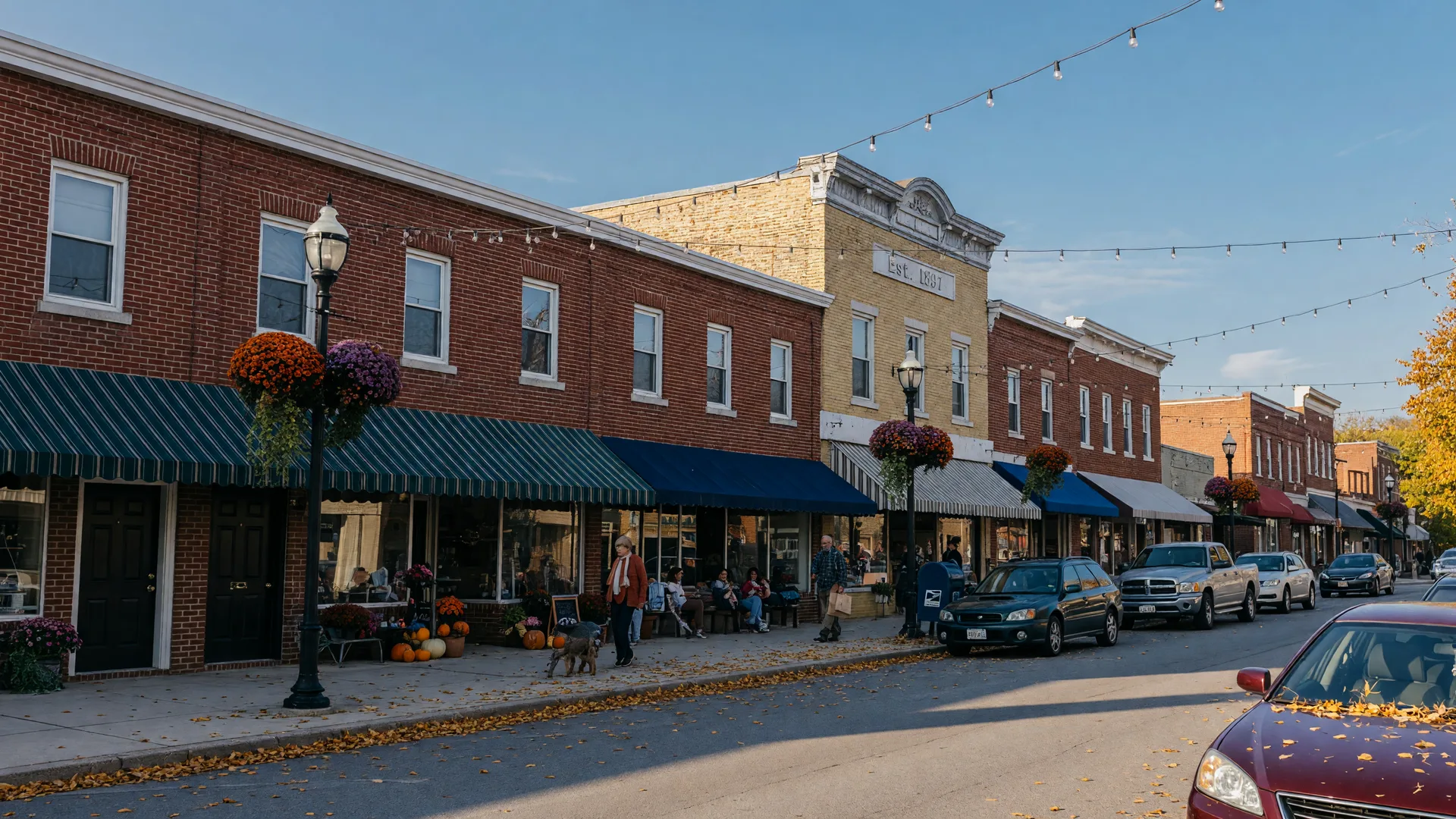 Brick shopfronts and sidewalks with string lights on a small-town Main Street in early fall