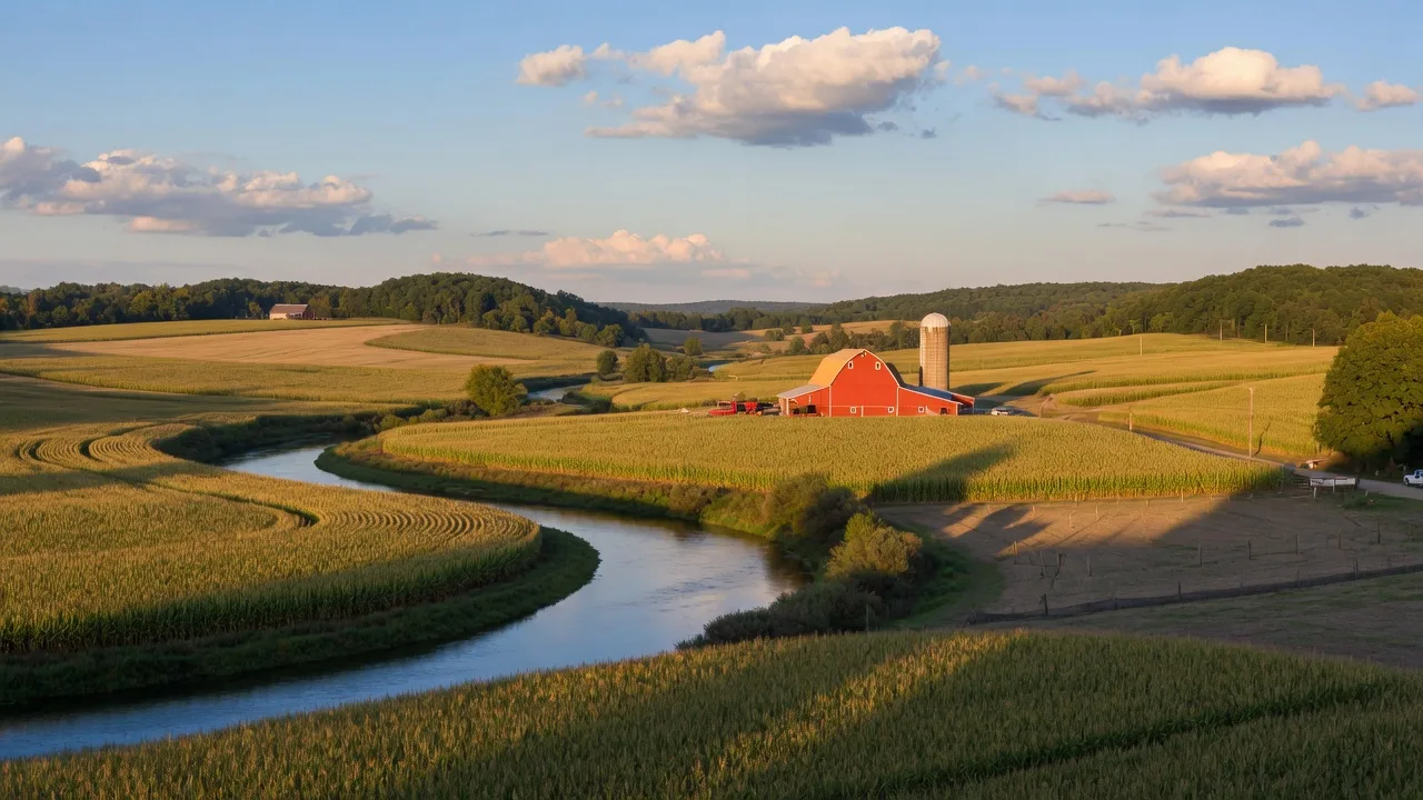 Red Cedar River winding through farmland near Menomonie, Wisconsin with a red barn in the distance