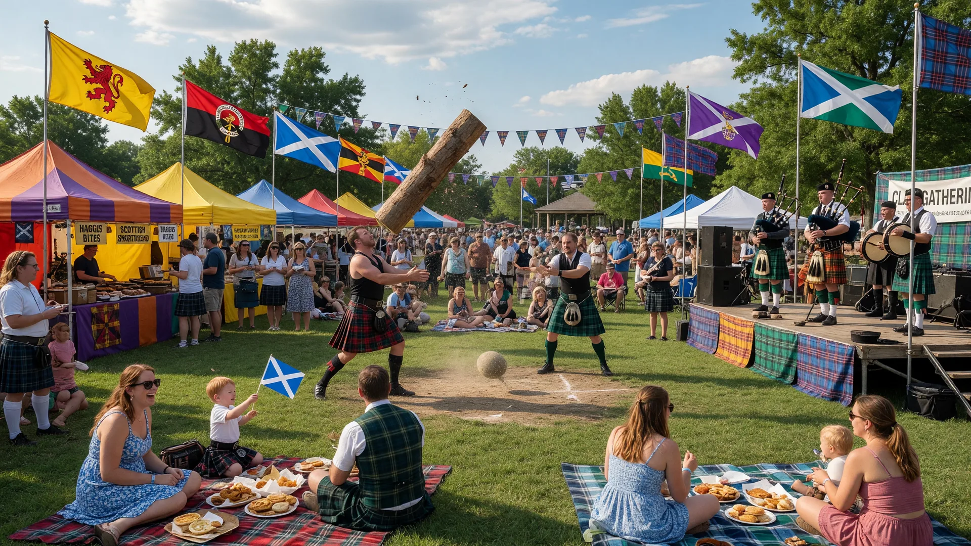 ScotFest Oklahoma in Broken Arrow with Highland Games, kilts, tartan banners, bagpipes, and a festive crowd