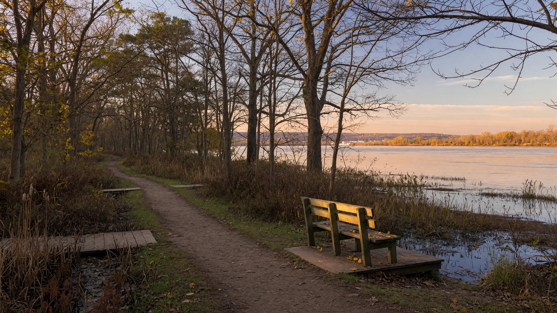 Walking trail through the Riverside Nature Preserve with a view of the Delaware River in Riverside NJ