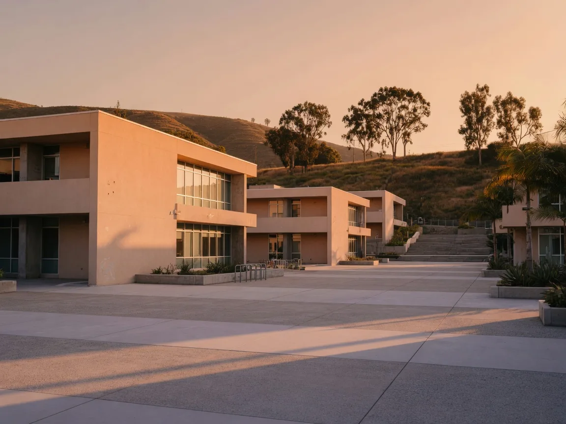 A modern school campus at golden hour in Southern California with low contemporary buildings