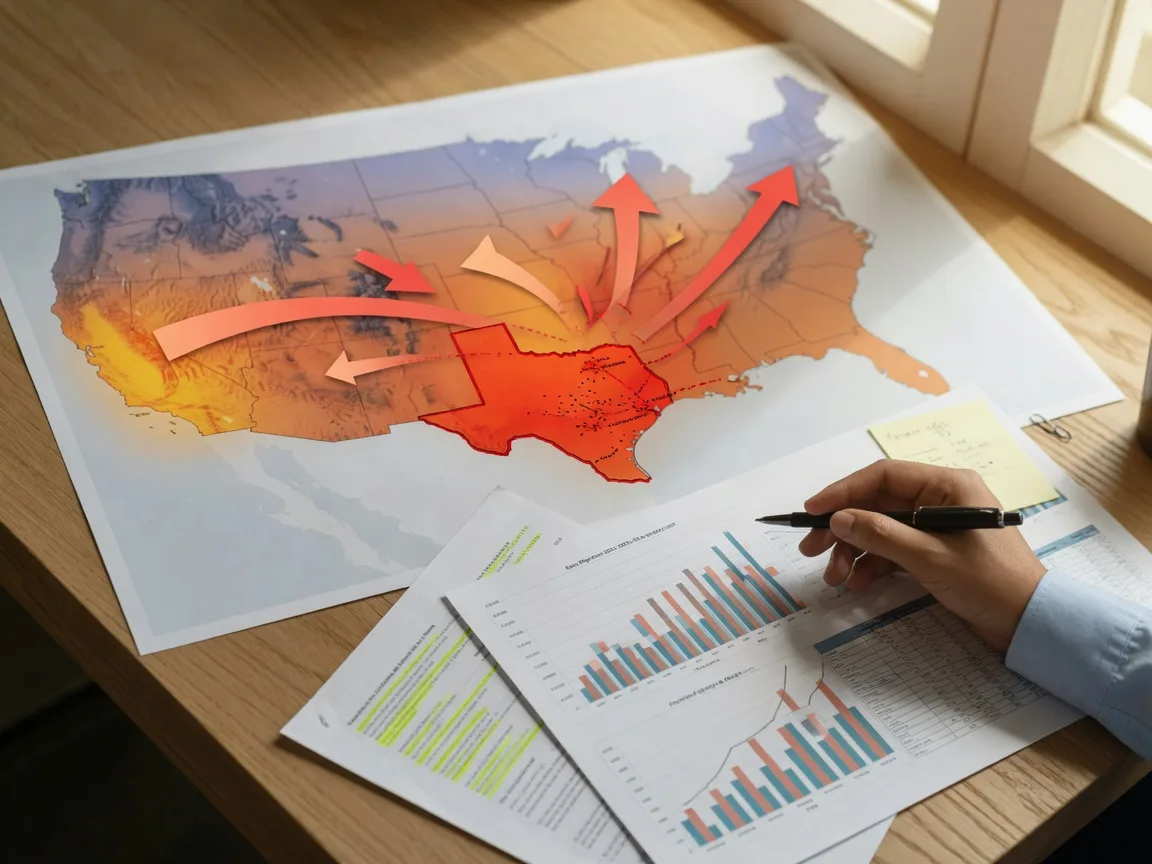 Demographic data charts and a US migration heat map on a wooden desk with a pen, showing migration flow patterns toward Texas from California, Colorado, and the Midwest