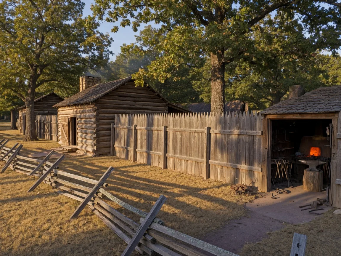 Restored log cabins, a wooden stockade wall, and a split-rail fence at Fort Croghan near Burnet, with a blacksmith shop visible in golden late-afternoon light under tall oak trees