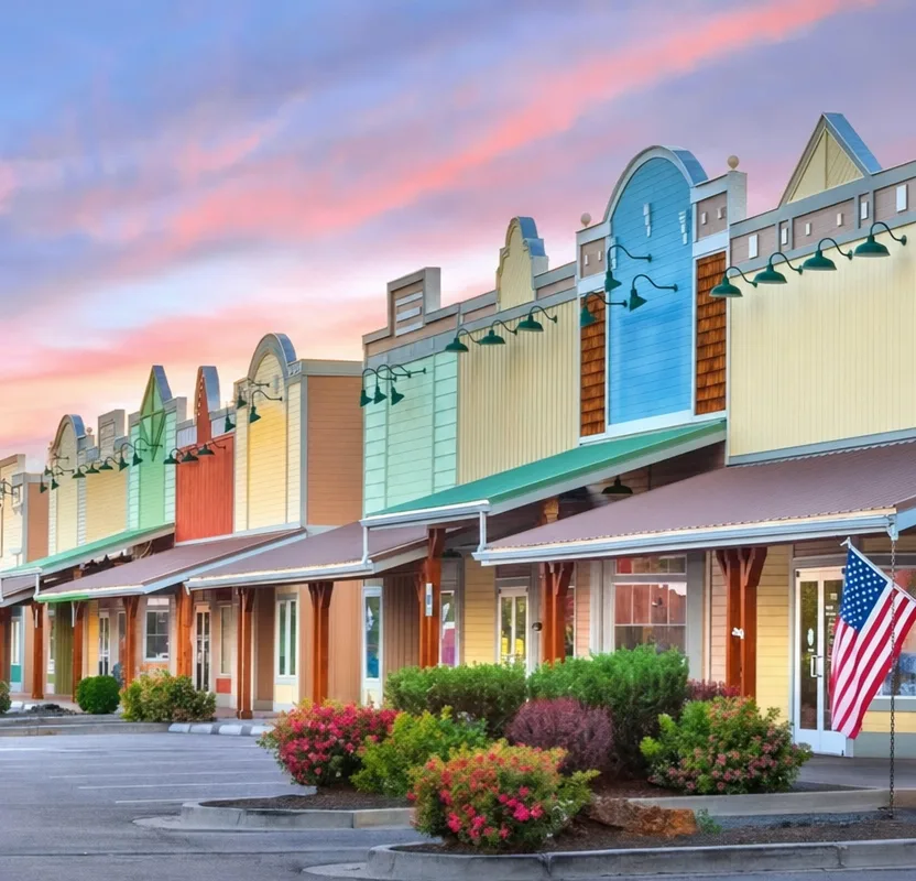 Star Idaho's main street with colorful storefronts and an American flag in warm sunset light