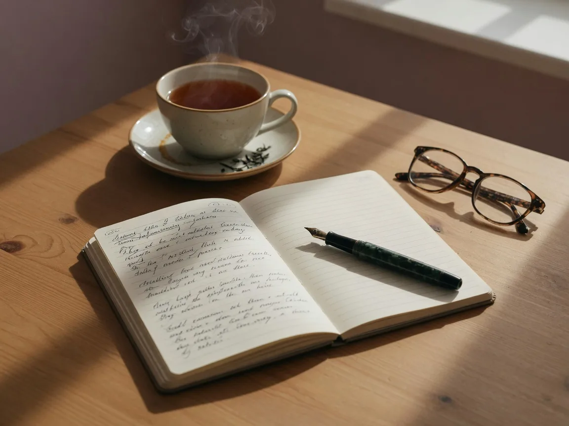 A quiet desk with a notebook, pen, and a cup of tea in soft window light