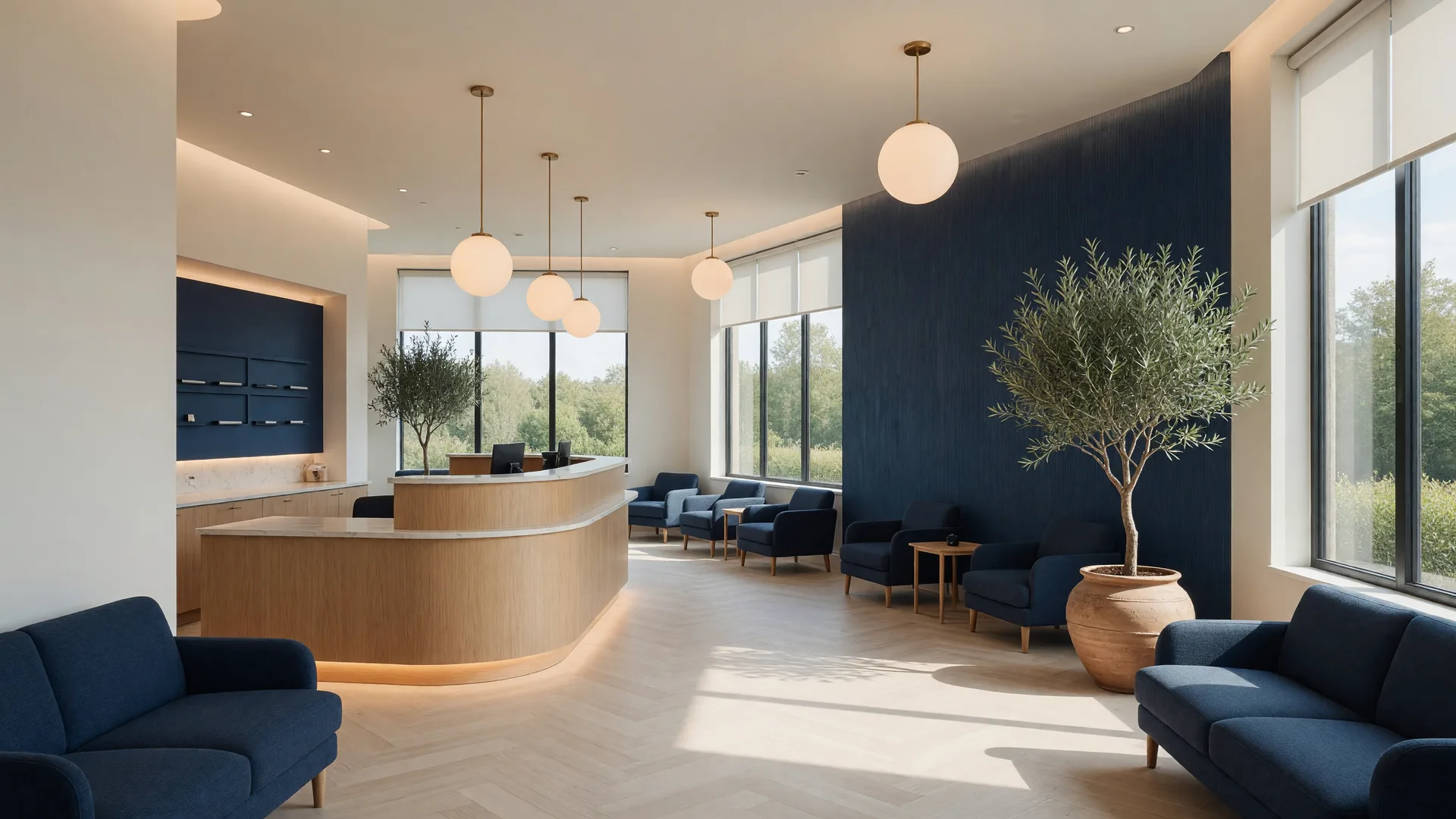 A wide view of the modern APRM Solutions reception area with navy seating and a curved light wood desk