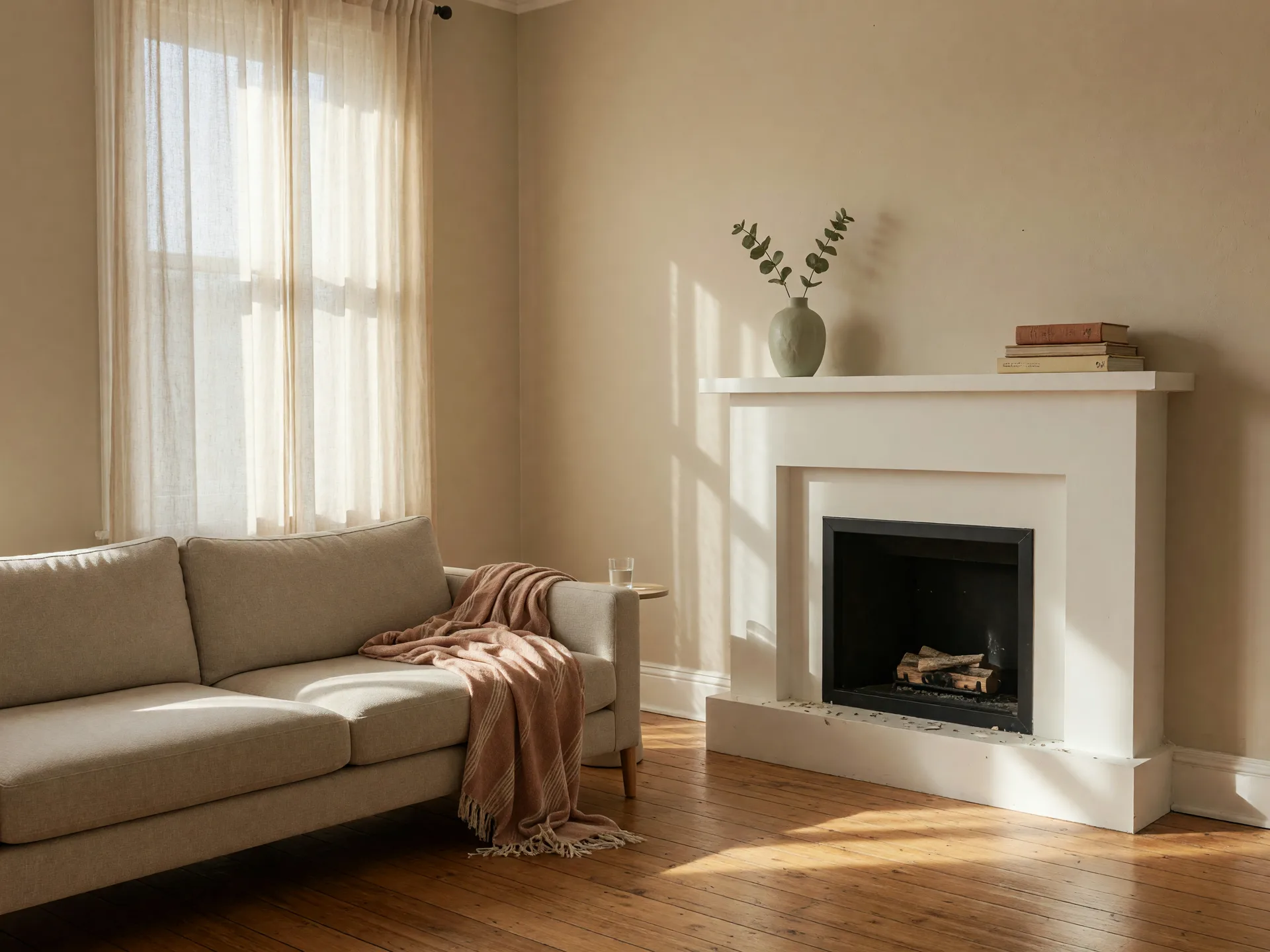 Freshly painted living room with neutral walls, hardwood floors, and natural light streaming through windows